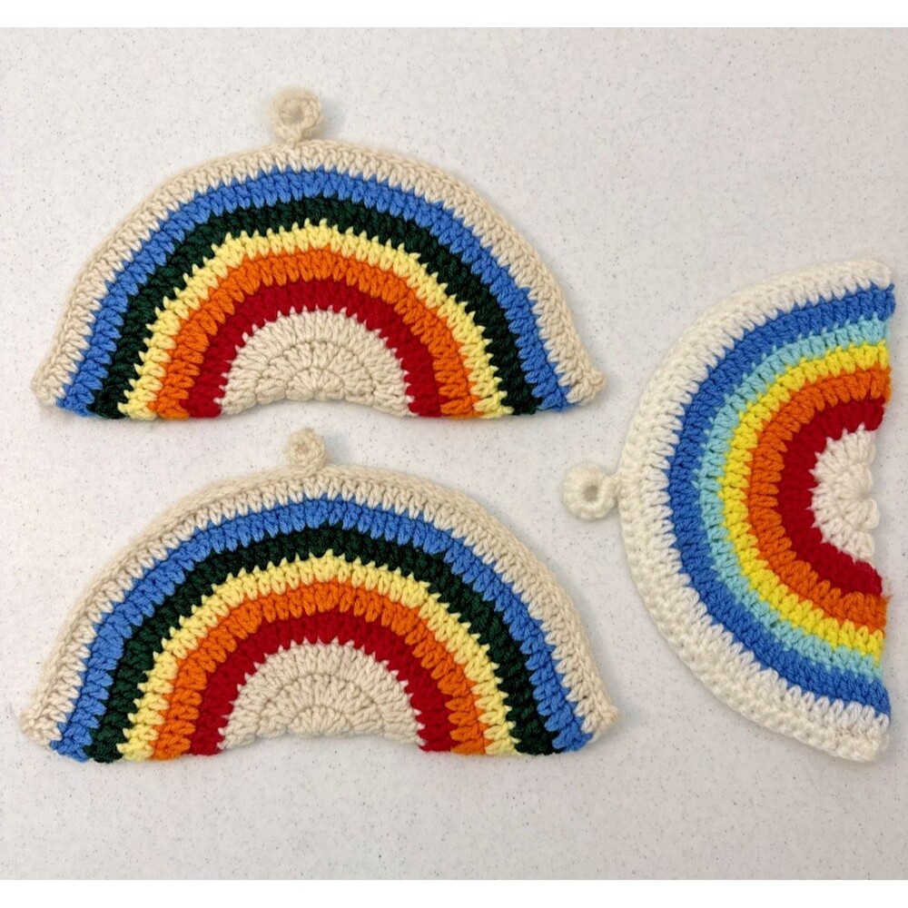 Vintage Rainbow Handmade Crochet Knit Pot Holders Trivets Hot Pads Kitchen Retro